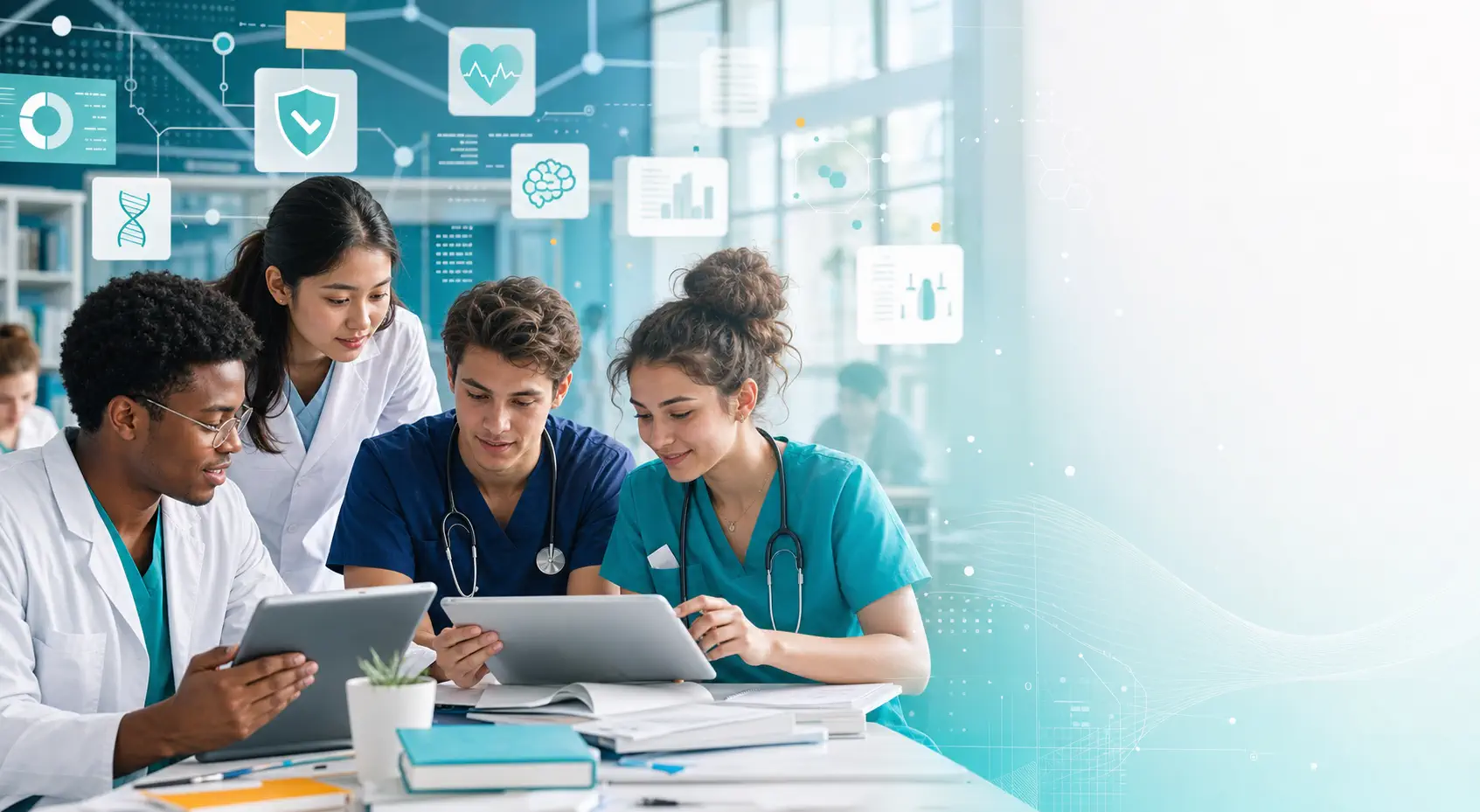Ilustrație cu studenți la medicină care evaluează informații digitale despre sănătate