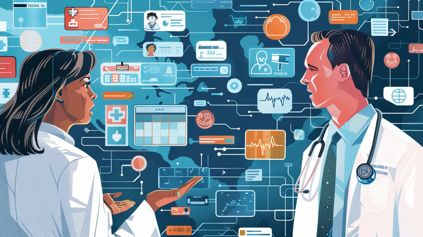 Ilustrație cu studenți la medicină care evaluează informații digitale despre sănătate